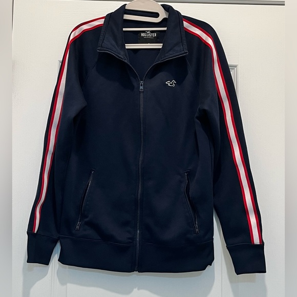 Hollister Unisex Jacket Navy Blue with Red and White Stripes on Arms Size Small. - Picture 4 of 5